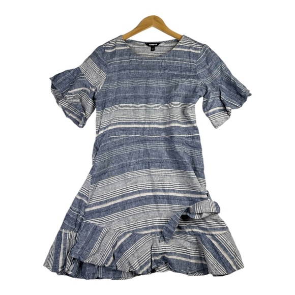 Express Chambray Linen Striped Blue White Flutter Sleeve Wrap Dress‎ Size Small - Picture 1 of 7